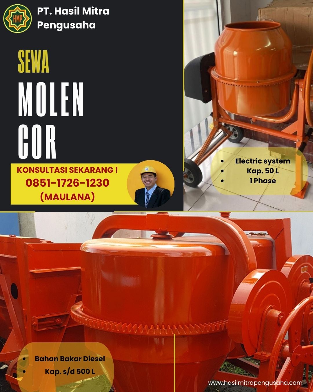 Sewa Mesin Molen Cor Concrete 50 - 500 Liter untuk campuran semen dan pasir, tersedia untuk disewakan.