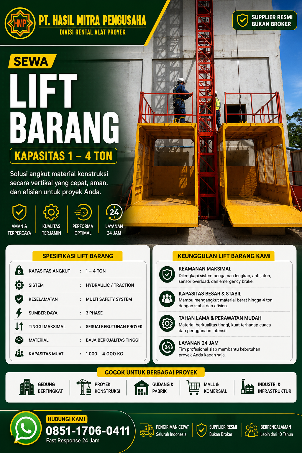 Sewa Lift Barang Bondowoso 1-4 Ton
